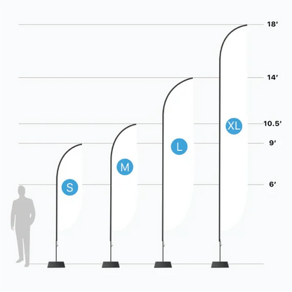 A size chart diagram comparing four different feather flag heights against a human silhouette indicator.⁠