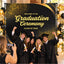 Group of graduating students celebrating at a formal commencement ceremony in front of a black and gold step and repeat backdrop banner.