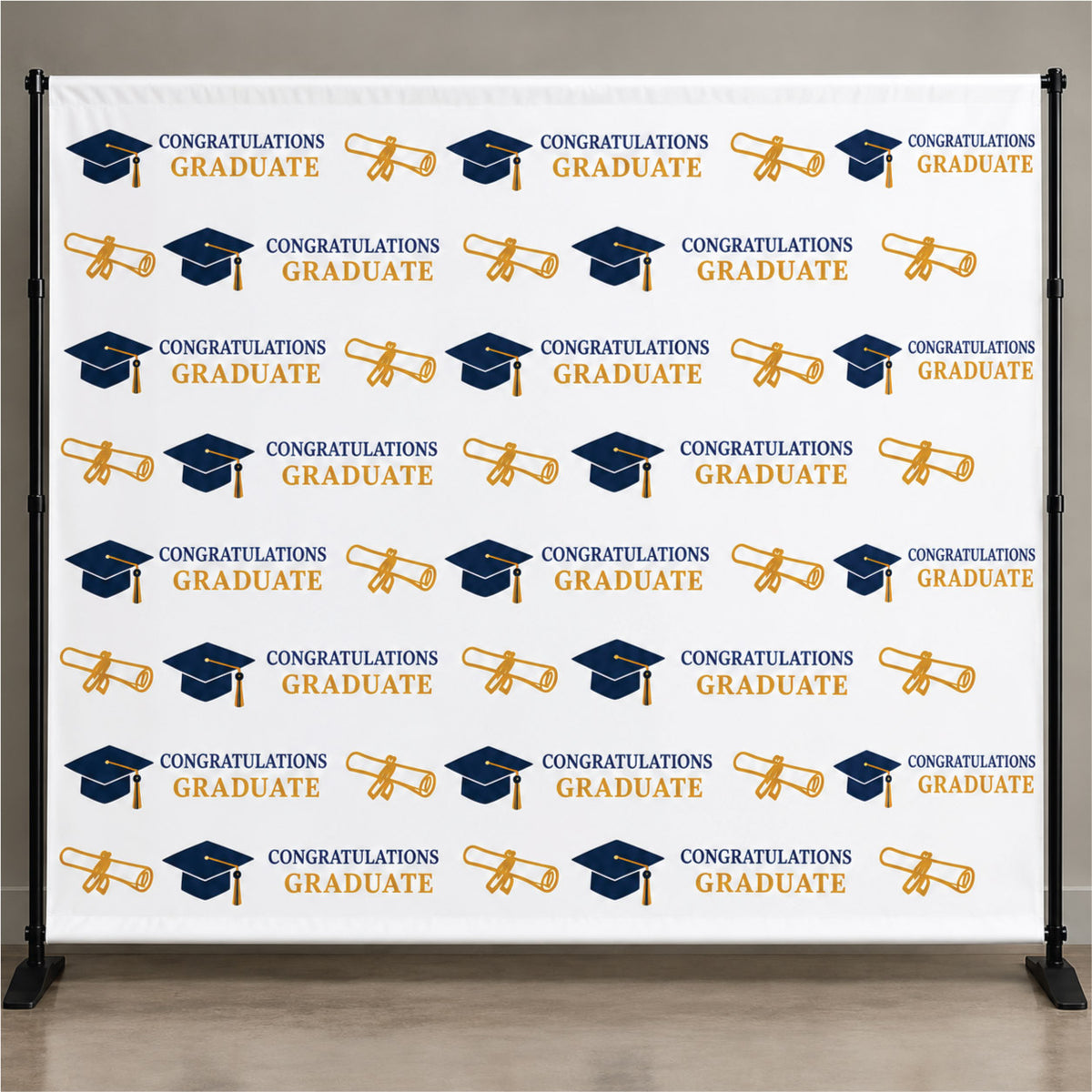 Professional graduation step and repeat backdrop banner featuring repeating "Congratulations Graduate" text and graduation cap motifs.