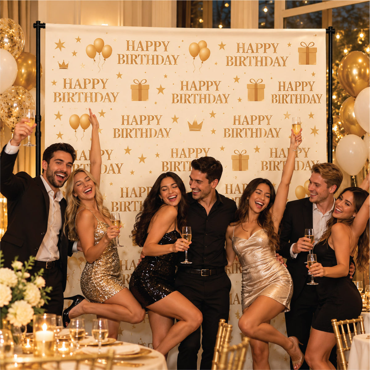 A group of six friends in elegant party attire celebrating in front of a white step and repeat backdrop that reads "HAPPY BIRTHDAY" with gold balloon and gift icons.