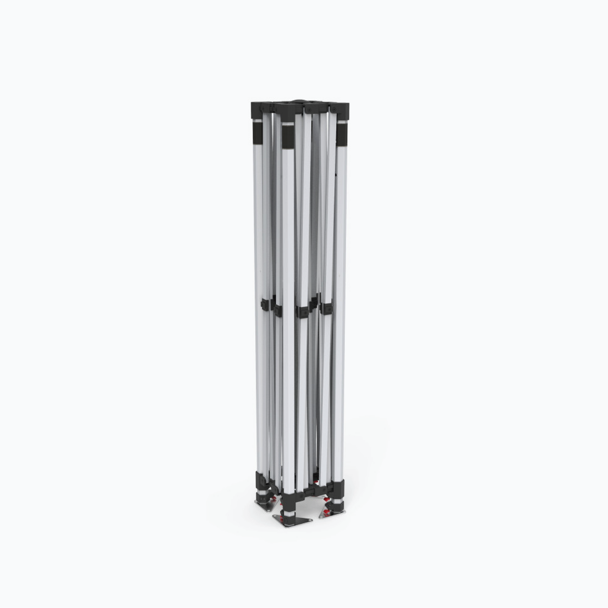 A silver aluminum folding screen or privacy panel with black plastic end caps and connectors, shown folded vertically on a plain white background.