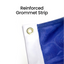 Close up of a reinforced white grommet strip on a blue custom flag for high durability.