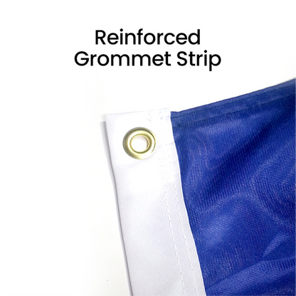 Close up of a reinforced white grommet strip on a blue custom flag for high durability.
