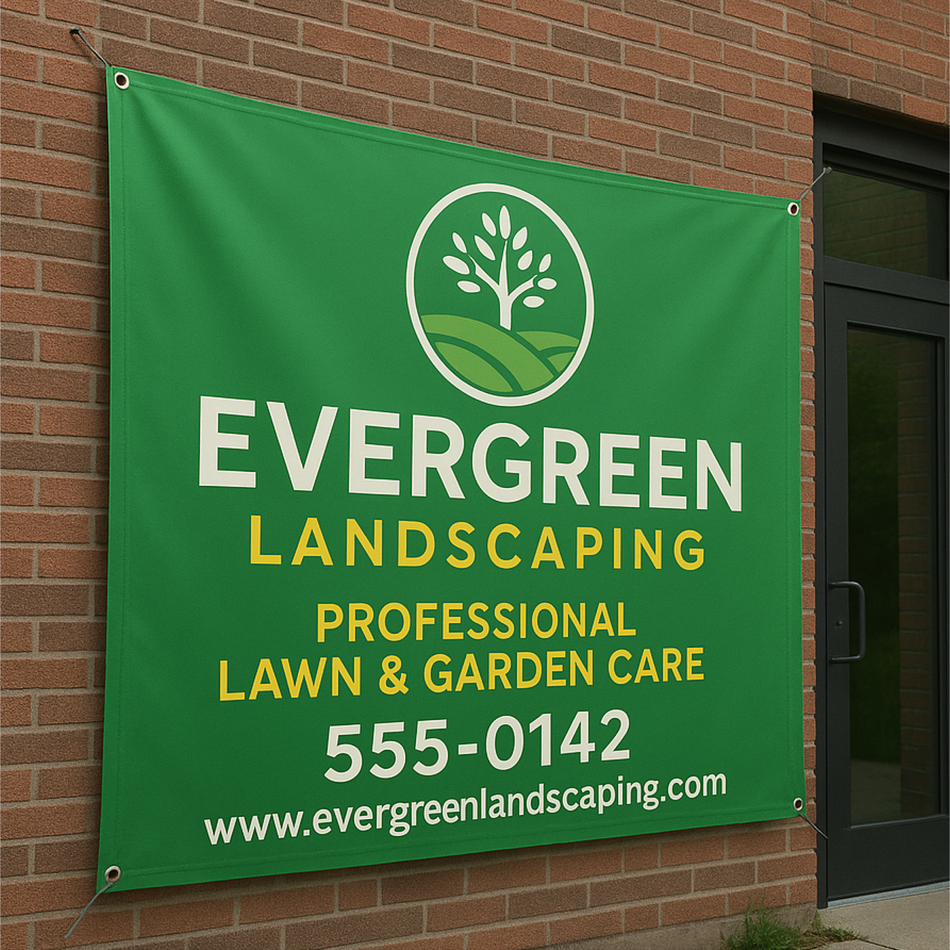 A large green custom vinyl banner advertising landscaping services mounted to an exterior red brick building wall.⁠