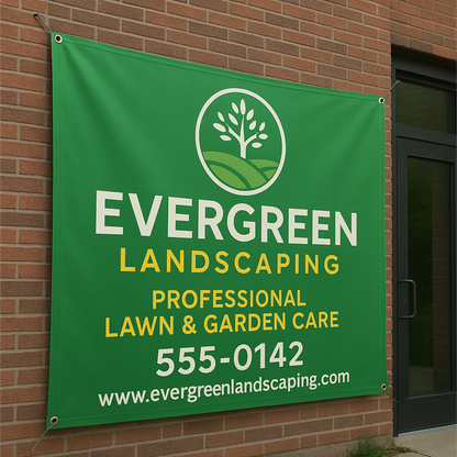A large green custom vinyl banner advertising landscaping services mounted to an exterior red brick building wall.⁠
