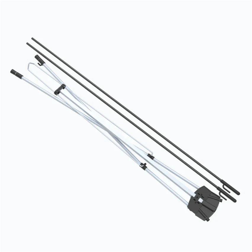 Product display showing the lightweight, unassembled black and white fiberglass support arms and components for an X-frame banner stand.⁠