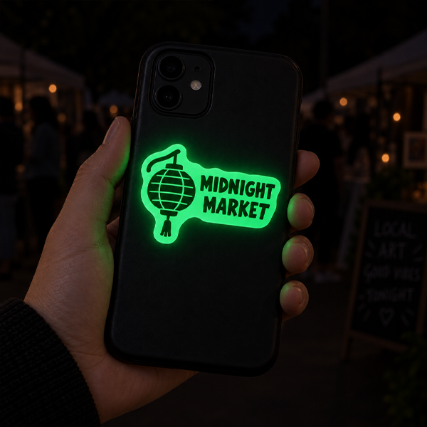 A hand holds a black phone case in a dark outdoor market setting at night. The case features a glowing neon green graphic of a lantern and the text 'MIDNIGHT MARKET'.