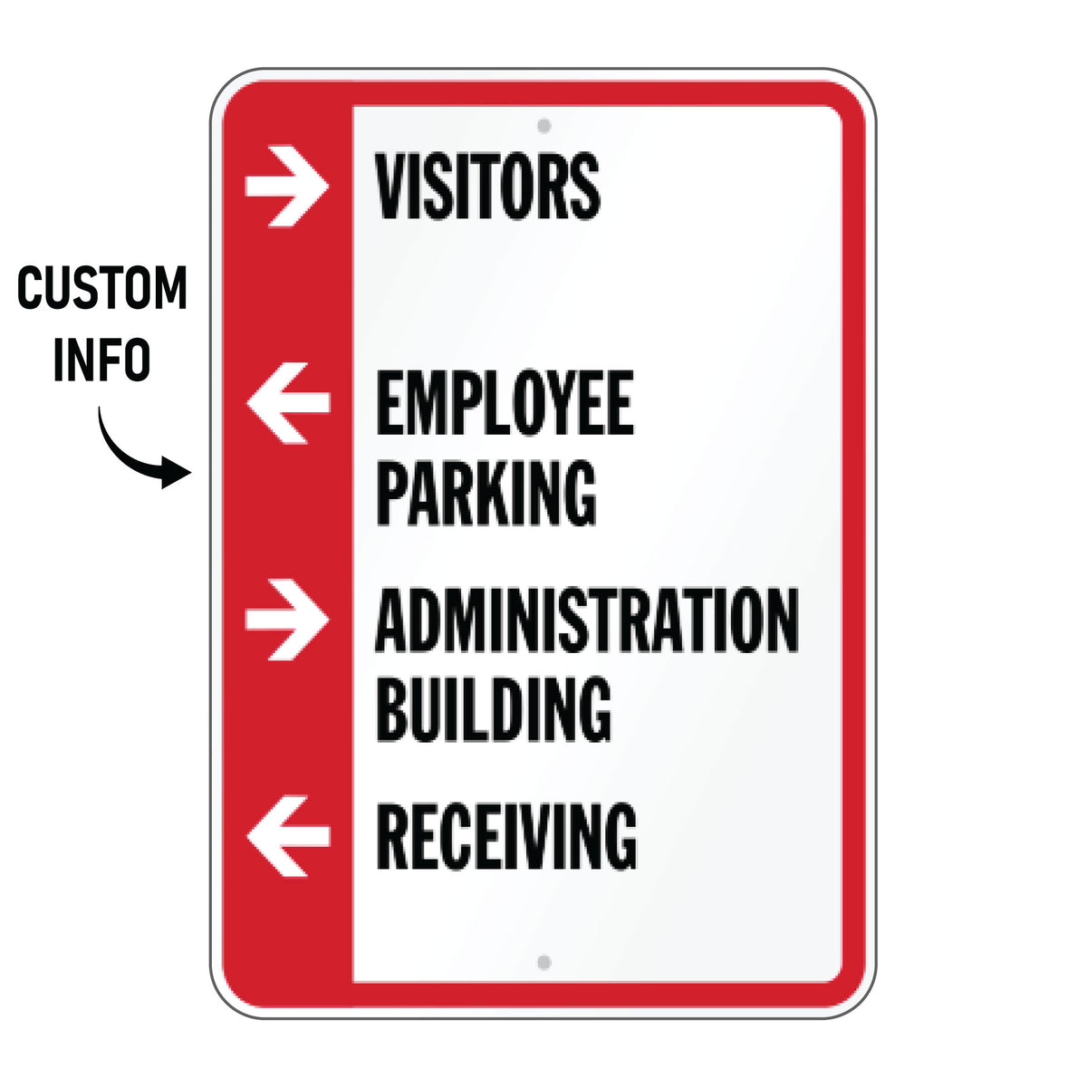 Multi-directional facility directory sign with left and right arrows directing visitors to employee parking, administration, and receiving areas.