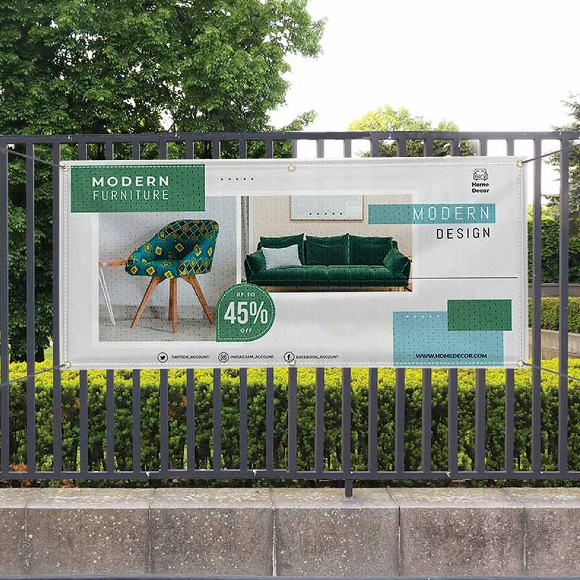 A green and white commercial advertising mesh banner mounted cleanly to an outdoor metal perimeter fence.