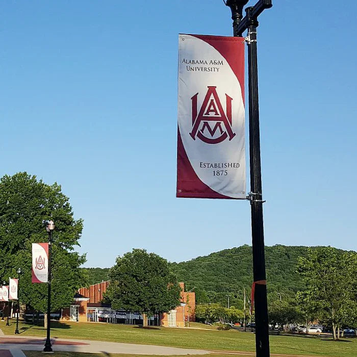 A red and white university campus avenue pole banner sign mounted high on a black lamppost outdoors.⁠