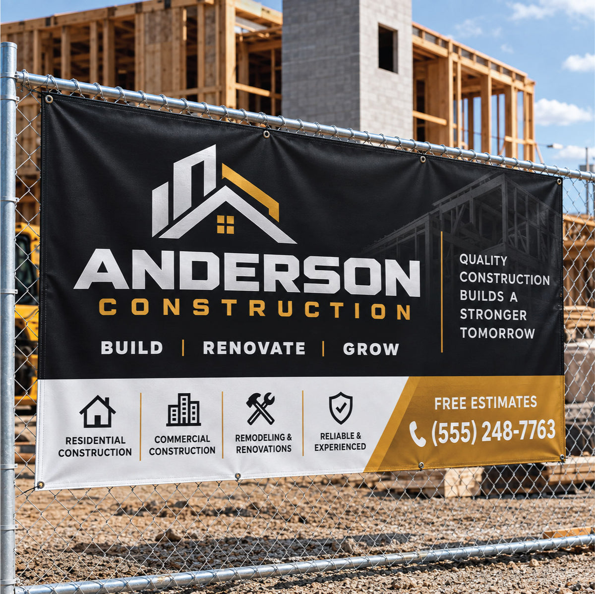 Durable outdoor vinyl banner featuring the Vertex Logistics logo and contact details mounted on a fence.