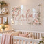 Custom clear acrylic nursery name sign featuring the name "Emilia Rose" in elegant pink lettering surrounded by delicate floral illustrations, mounted on a white wall above a baby crib.