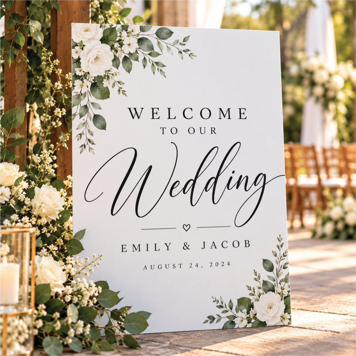 Modern minimalist custom wedding welcome sign placed on a wooden stand for a wedding ceremony entrance.