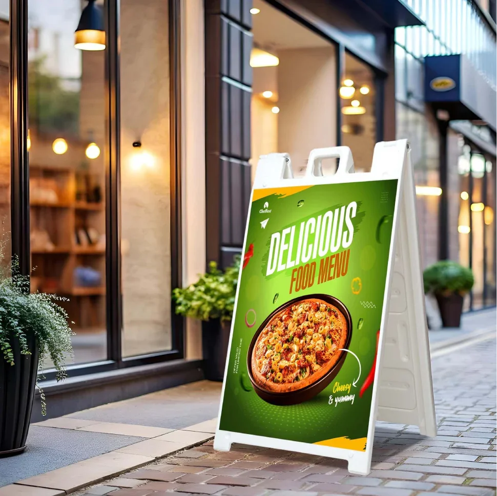 White plastic A-frame sidewalk sign with a high-quality full-color pizza restaurant advertisement for outdoor curbside marketing.