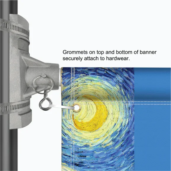 Close-up technical graphic showing how the top and bottom banner grommets securely attach to the mounting hardware arm.⁠