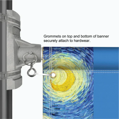 Close-up technical graphic showing how the top and bottom banner grommets securely attach to the mounting hardware arm.⁠