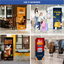 A four-panel photo collage showcasing portable custom X-stand banners used for cafe menus, retail store clothing sales, and mall walkways.⁠