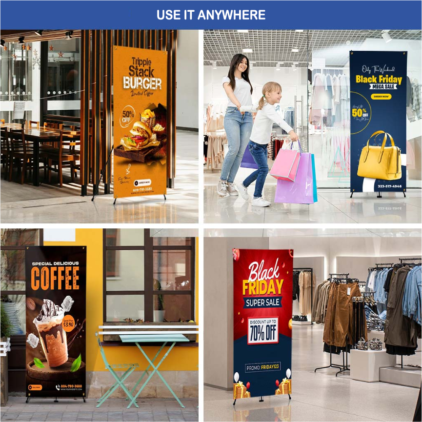 A four-panel photo collage showcasing portable custom X-stand banners used for cafe menus, retail store clothing sales, and mall walkways.⁠