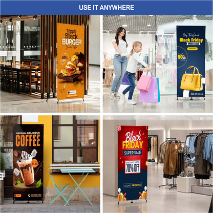 A four-panel photo collage showcasing portable custom X-stand banners used for cafe menus, retail store clothing sales, and mall walkways.⁠