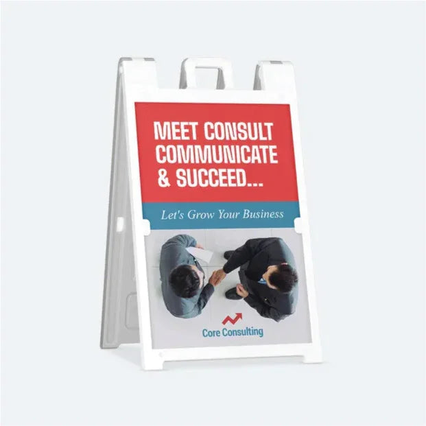 White folding plastic sidewalk sign with a blue and red professional services graphic for effective outdoor branding.