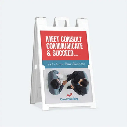 White folding plastic sidewalk sign with a blue and red professional services graphic for effective outdoor branding.
