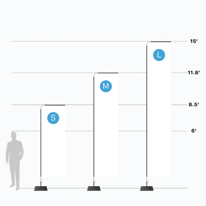 A size chart diagram comparing three different vertical rectangle flag heights against a human silhouette.