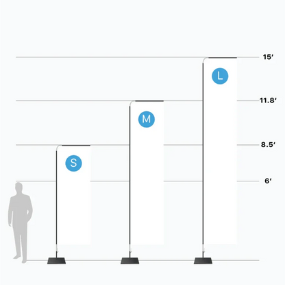 A size chart diagram comparing three different vertical rectangle flag heights against a human silhouette.