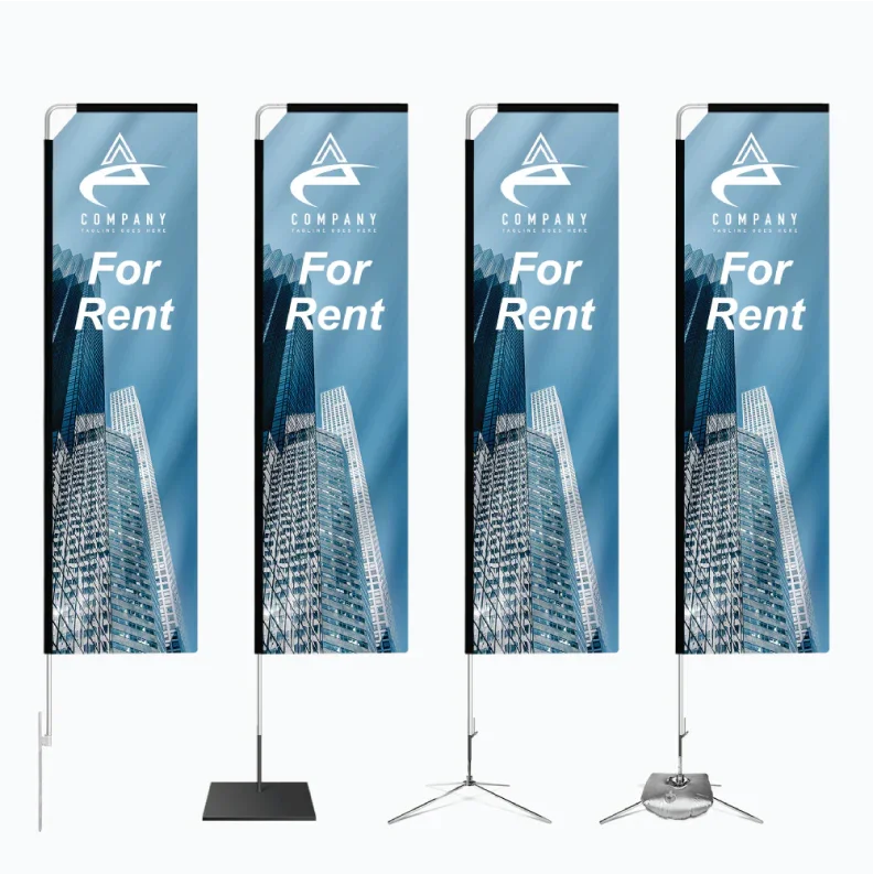 Product graphic displaying four distinct mounting base stands for a blue vertical rectangle flag banner.⁠
