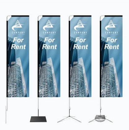 Product graphic displaying four distinct mounting base stands for a blue vertical rectangle flag banner.⁠