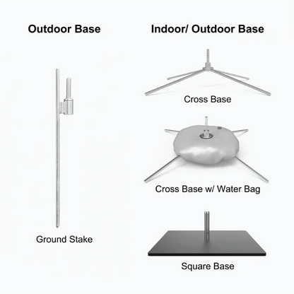 Technical diagram highlighting outdoor ground stakes and indoor cross base options with water weight bags for rectangle flags.⁠