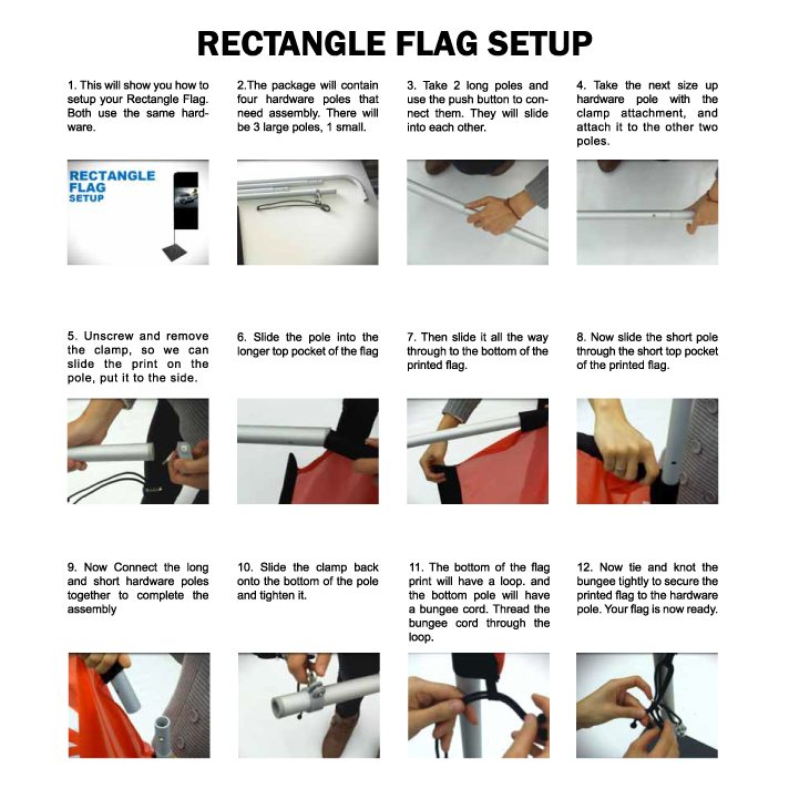 Step-by-step visual installation guide detailing how to connect the poles and assemble a custom rectangle banner flag.