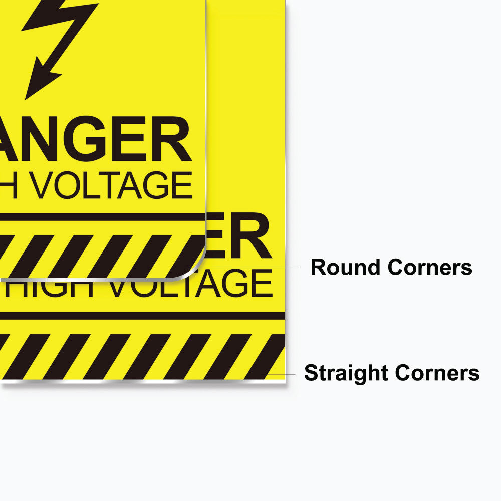 Product option diagram displaying the difference between rounded corners and straight corners on a yellow reflective metal sign.⁠