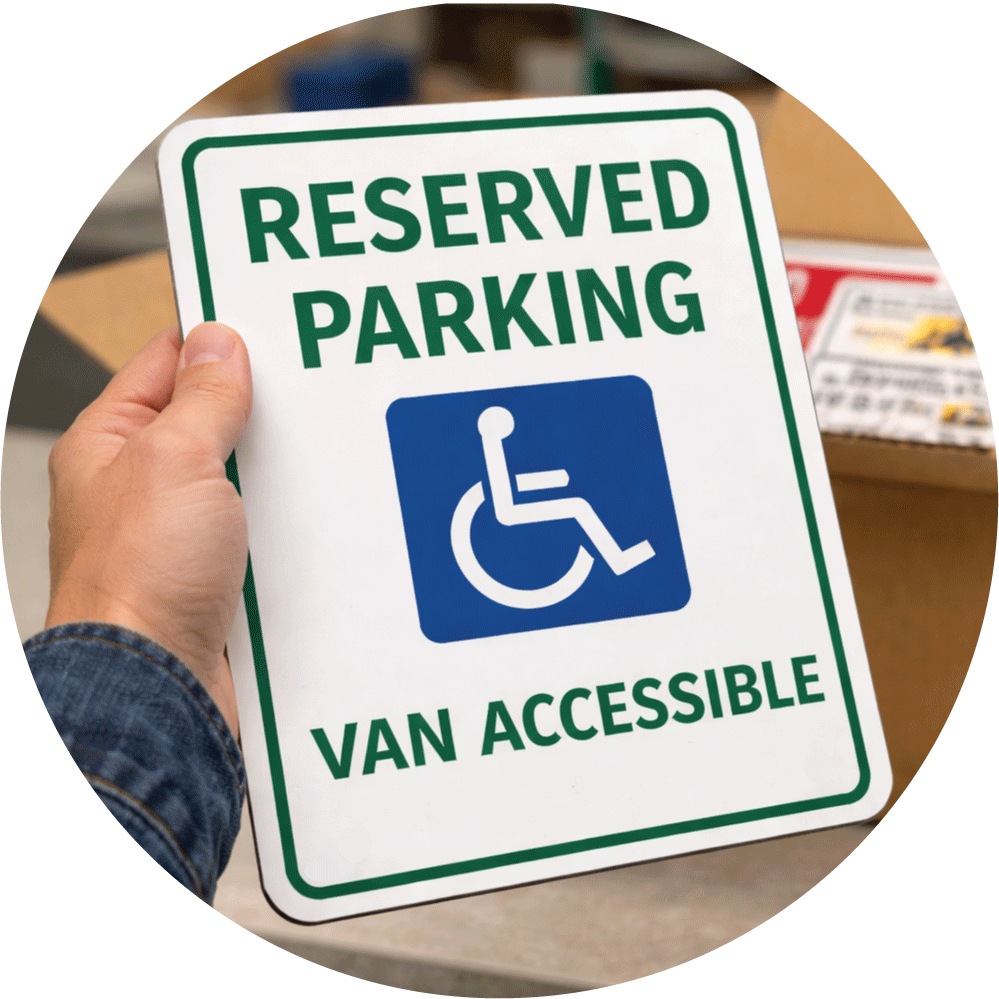 Close-up of a hand holding a green and white reflective aluminum Reserved Parking sign featuring a blue wheelchair graphic and the text Van Accessible.