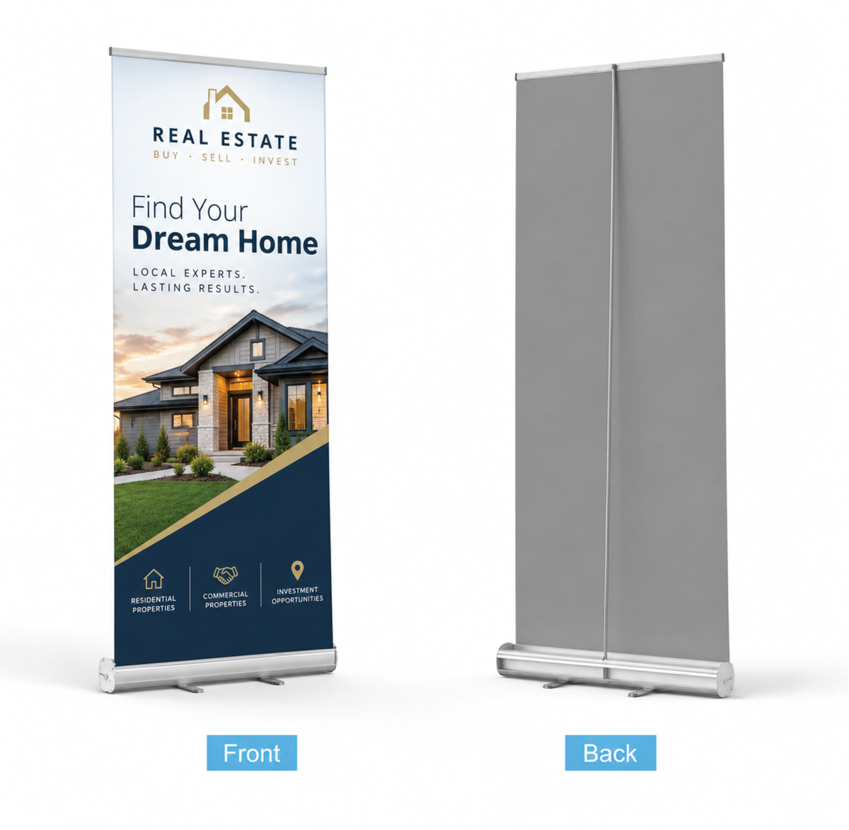 A dual-panel retractable banner stand shown in front and back views on a light gray background. The left panel is printed with a real estate advertisement featuring a house photo and the text 'REAL ESTATE BOY - SELL INSTANTLY.