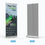 Product graphic showing the custom printed front view and the blank aluminum back mechanism of a vertical retractable banner sign.⁠