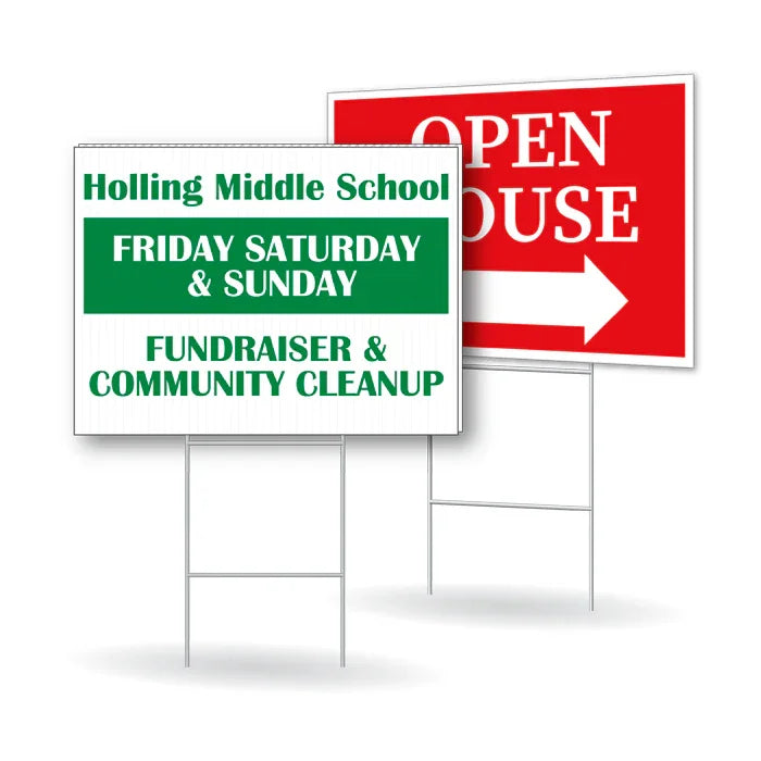 Two corrugated plastic yard signs on wire stakes advertising a school fundraiser and a red directional Open House arrow.⁠