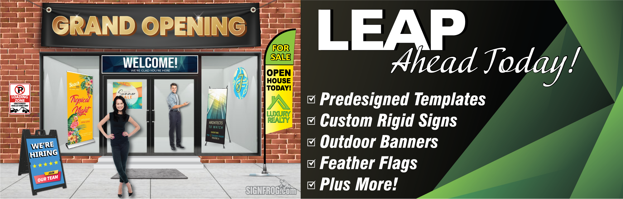 Promotional homepage hero banner for SignFrog reading LEAP Ahead Today! featuring a brick storefront displaying custom rigid signs, predesigned templates, outdoor banners, and feather flags.