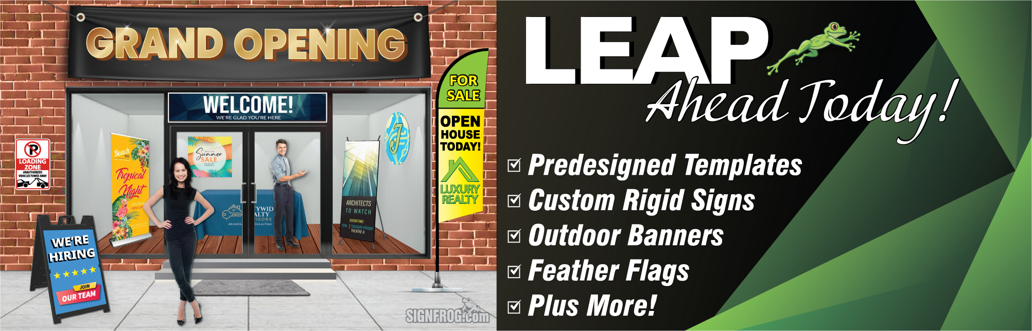 A promotional banner for Leap Ahead Today custom signage and advertising services, featuring a storefront mockup with 'Grand Opening' signage, a woman posing in front, and text listing services like predesigned templates, custom rigid signs, outdoor banners, and feather flags.