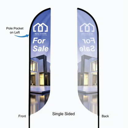 Graphic layout showing the clear front and mirrored back view of a single-sided custom feather flag.⁠
