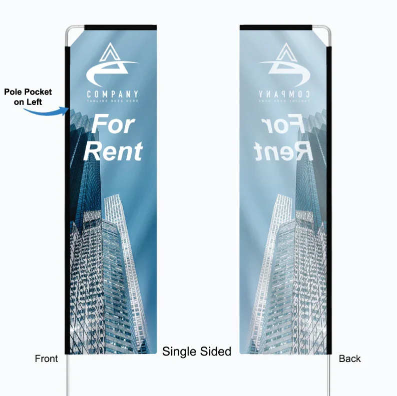 Graphic template layout showing the clear front view and mirrored back view of a single-sided custom rectangle flag banner.⁠