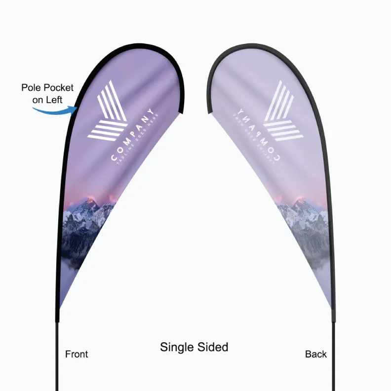 Graphic layout template showing the front view and mirrored back view of a single-sided custom teardrop flag.