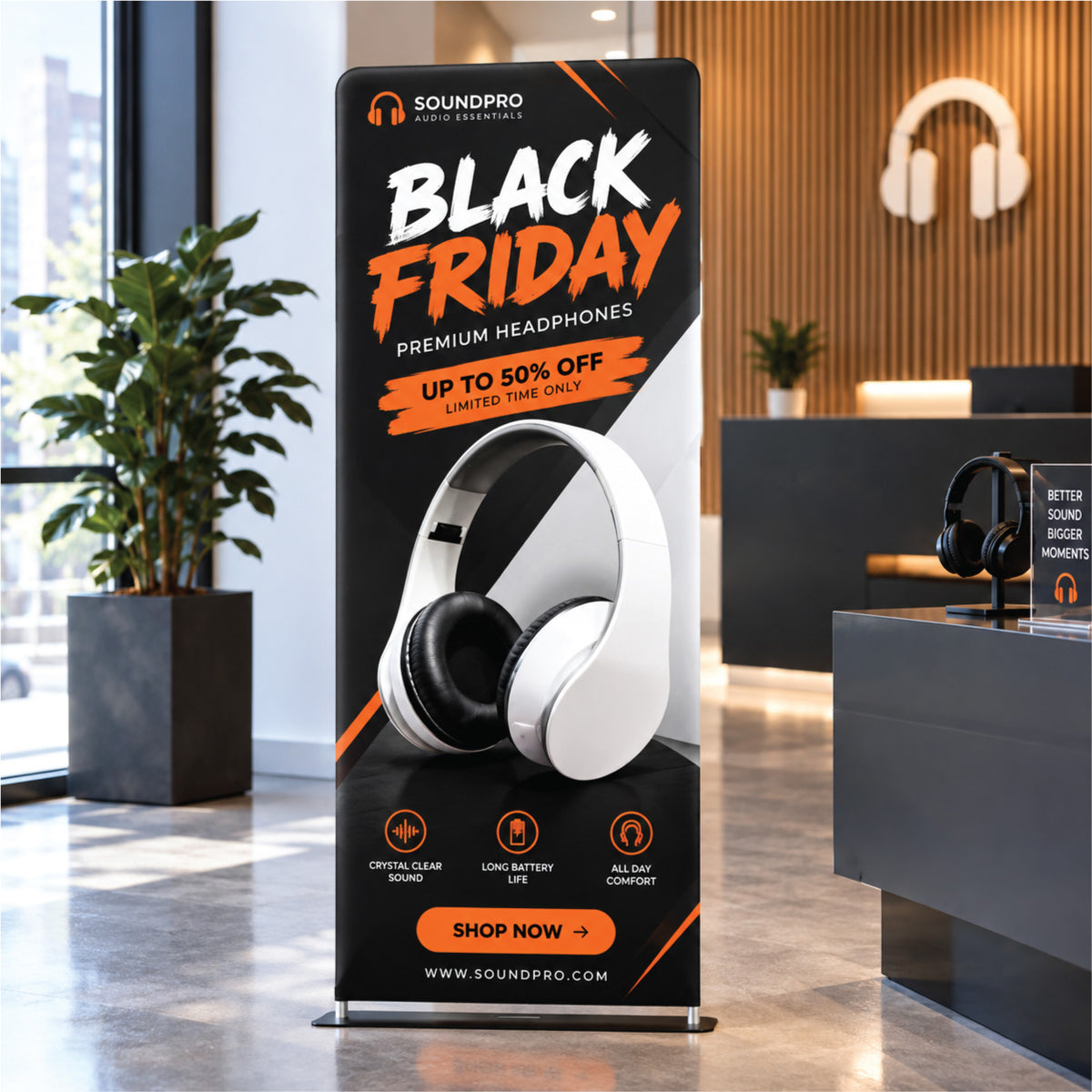 SoundPro Black Friday promotion tension fabric stand display featuring headphones in a modern retail showroom setting