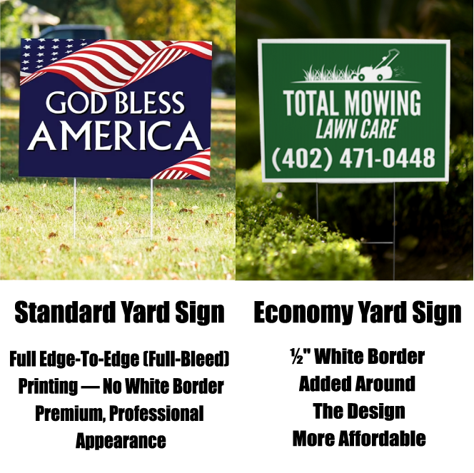 A side by side comparison diagram detailing full bleed printing on standard yard signs versus white border printing on economy lawn signs.⁠