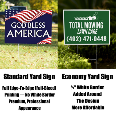 A side by side comparison diagram detailing full bleed printing on standard yard signs versus white border printing on economy lawn signs.⁠