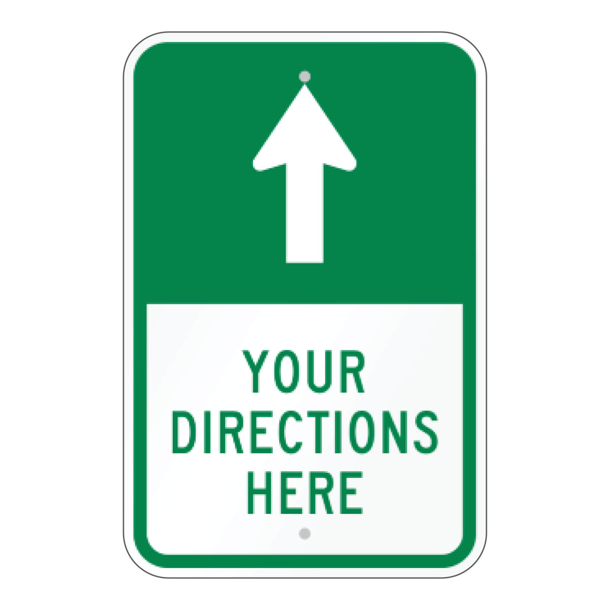 Green and white straight ahead directional sign featuring an upward-pointing arrow and directions area for guiding traffic through commercial properties and facilities.