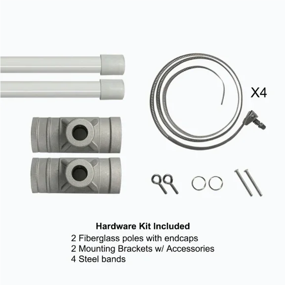 Product display showing the complete pole banner installation hardware kit, including fiberglass poles, mounting brackets, and steel bands.⁠