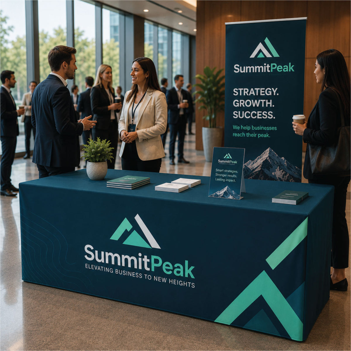 A branded SummitPeak exhibition table and matching vertical banner stand in a modern indoor event space with people conversing in the background. The table is dark teal with large SummitPeak logos and geometric accents, and the banner repeats the brand name and slogan 'Strategy.