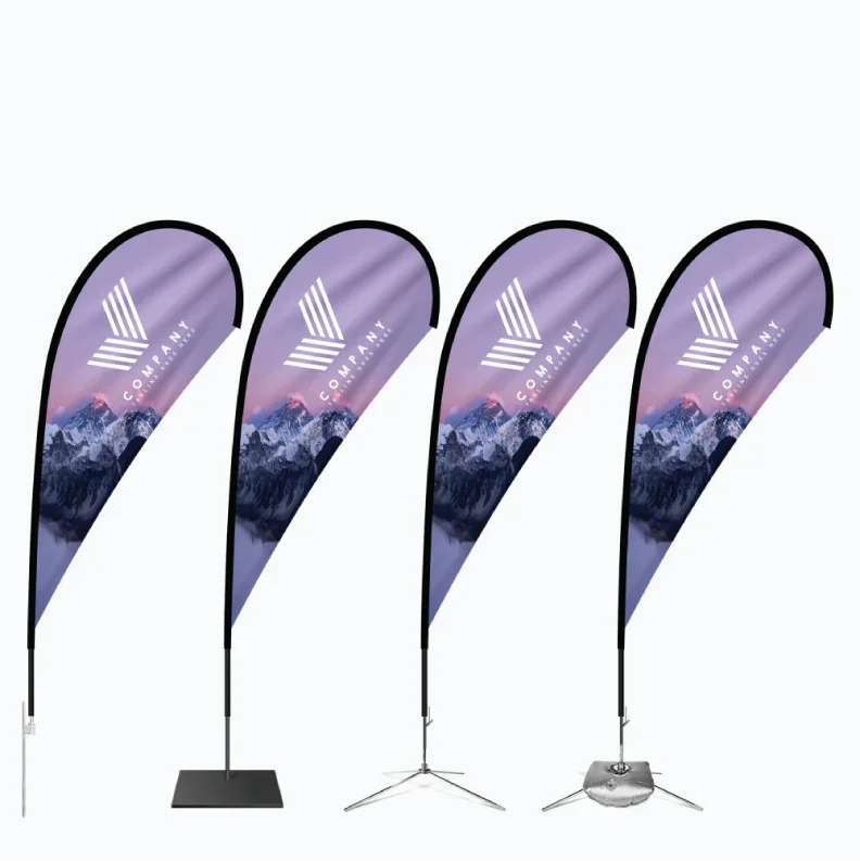 Product graphic showcasing four distinct hardware base stand options for a purple teardrop advertising flag.⁠