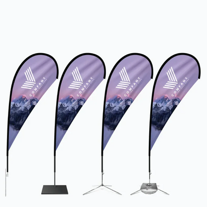 Product graphic showcasing four distinct hardware base stand options for a purple teardrop advertising flag.⁠