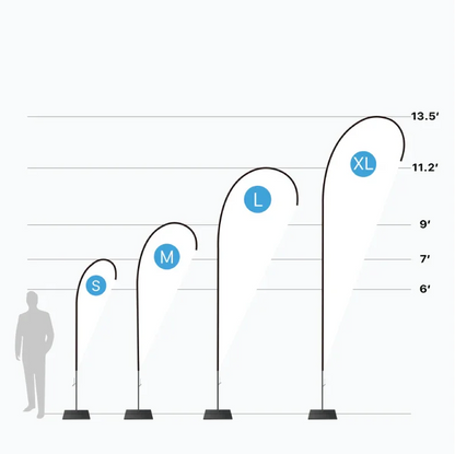 A size chart diagram comparing five different teardrop flag heights against a human silhouette indicator.⁠